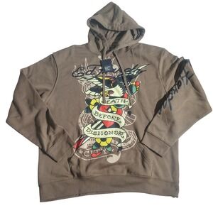 Ed Hardy Mens Hoodie Mocha Brown "Death Before‎ Dishonor" Eagle Graphic XL